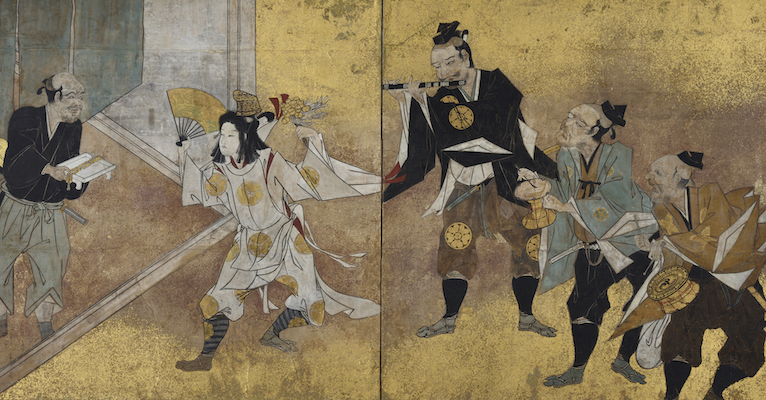 Scenes of Street Musicians on Folding Screen