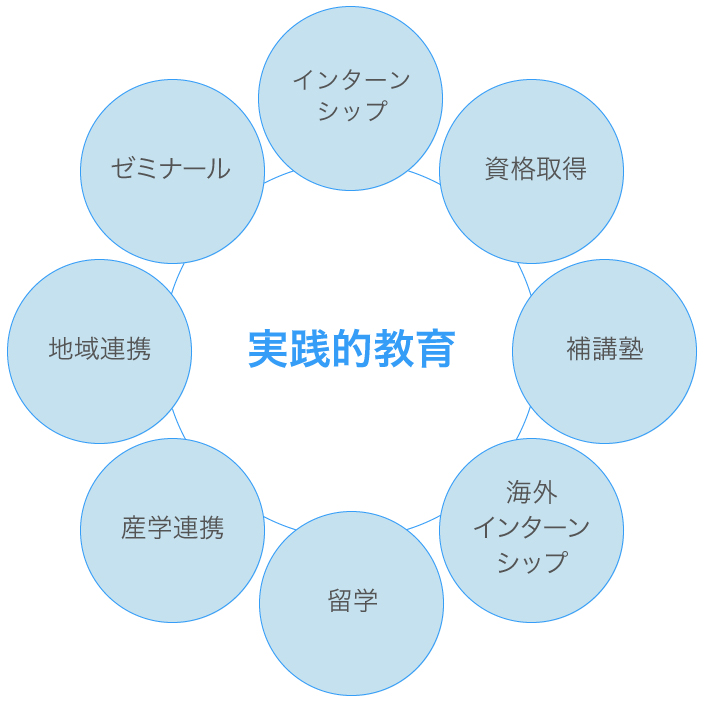 実践的教育を中心に、インターンシップ・資格取得・補講塾・海外インターンシップ・留学・産学連携・地域連携・ゼミナール