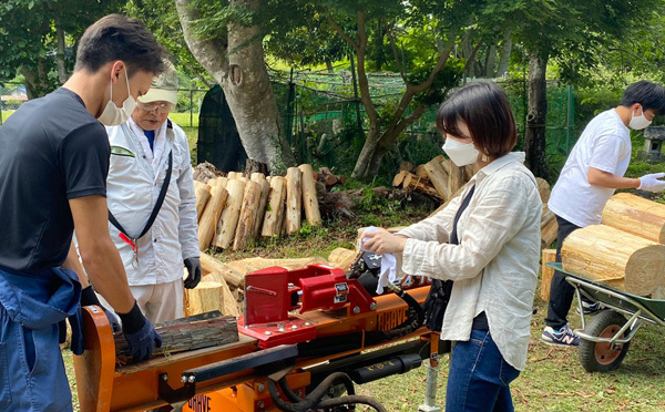 キャンプファイヤー用の薪を準備する様子