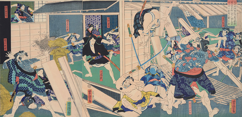 “Kasakawa Higezō and Keiriki Tamigorō Attack the House of the Mistress of Iioka Sutegorō at Night in a Secret Plan, in Modern Water Margin,”